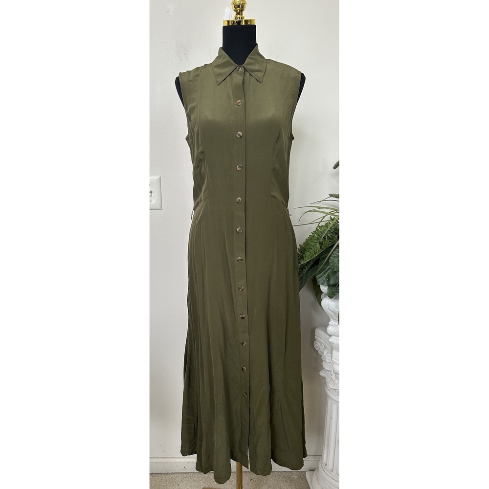 Hugo Buscati 100%Silk Maxi Shirt Dress Olive Green Utility Minimalist Tailored M
